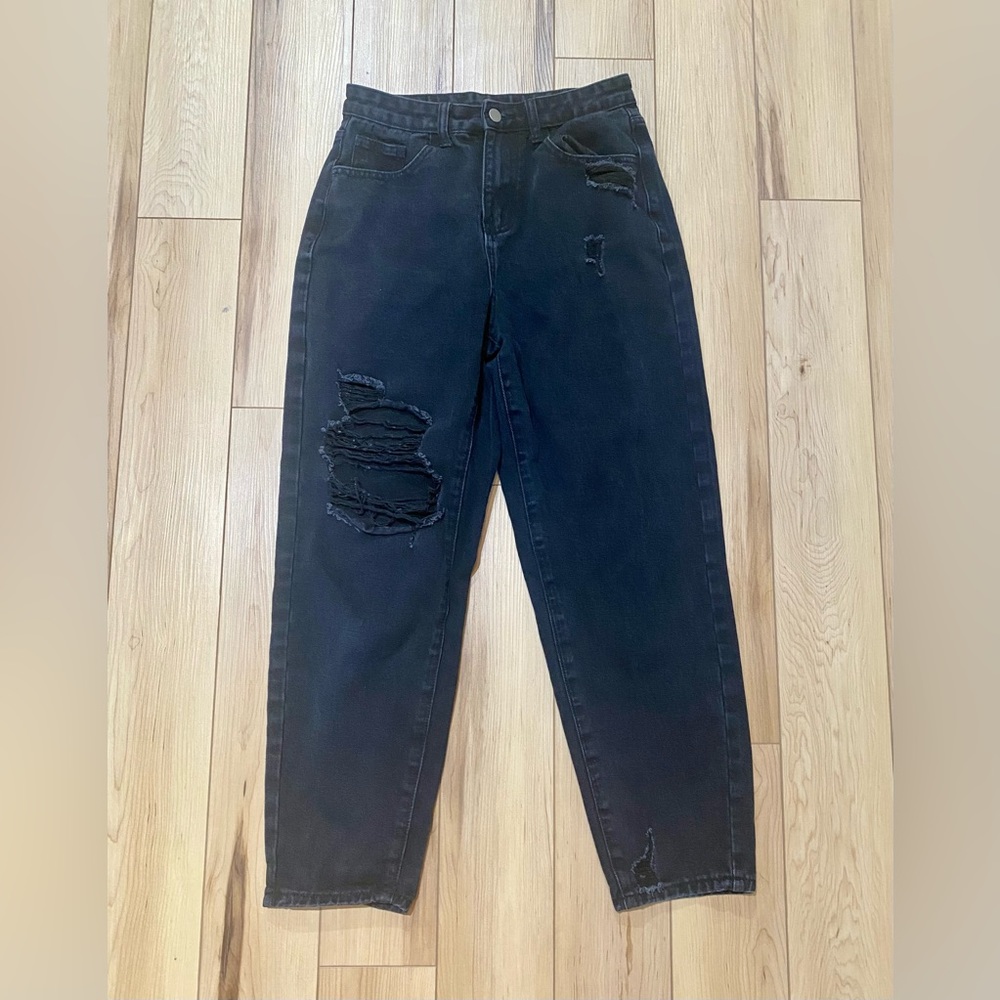 Black Distressed High Rise Stretch Mom Jeans Size Medium